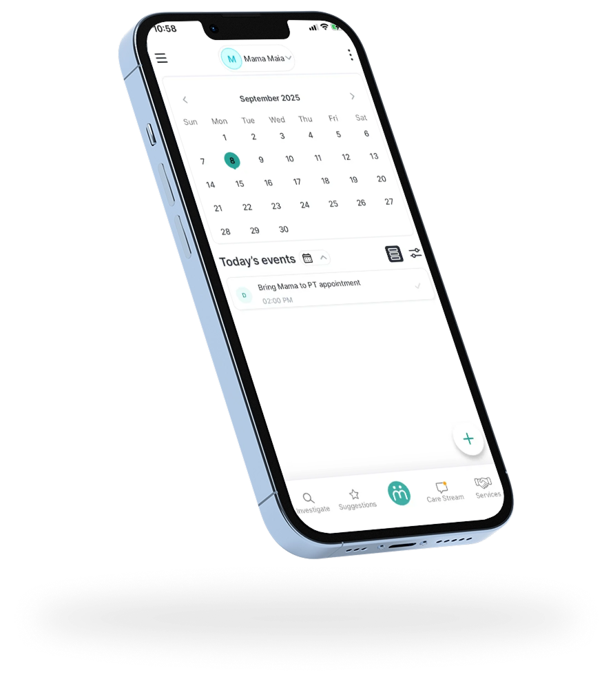 Maia app showing a family-facing care update