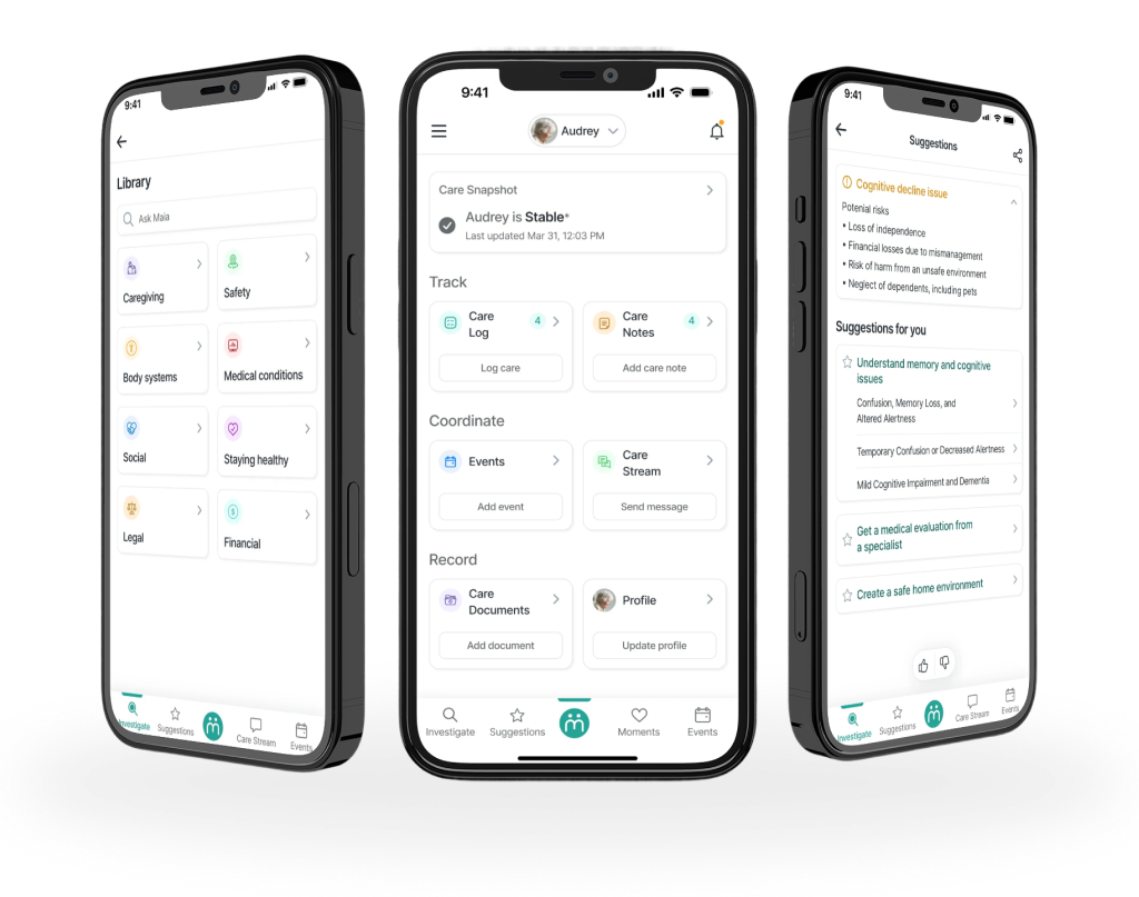 Maia app screens showing member adherence and risk data